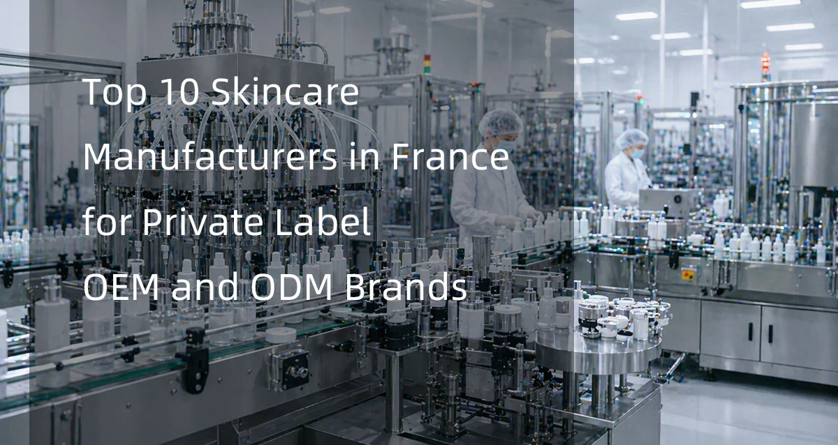 Modern skincare manufacturing facility with personnel working on production lines showcasing private label and ODM capabilities in France.